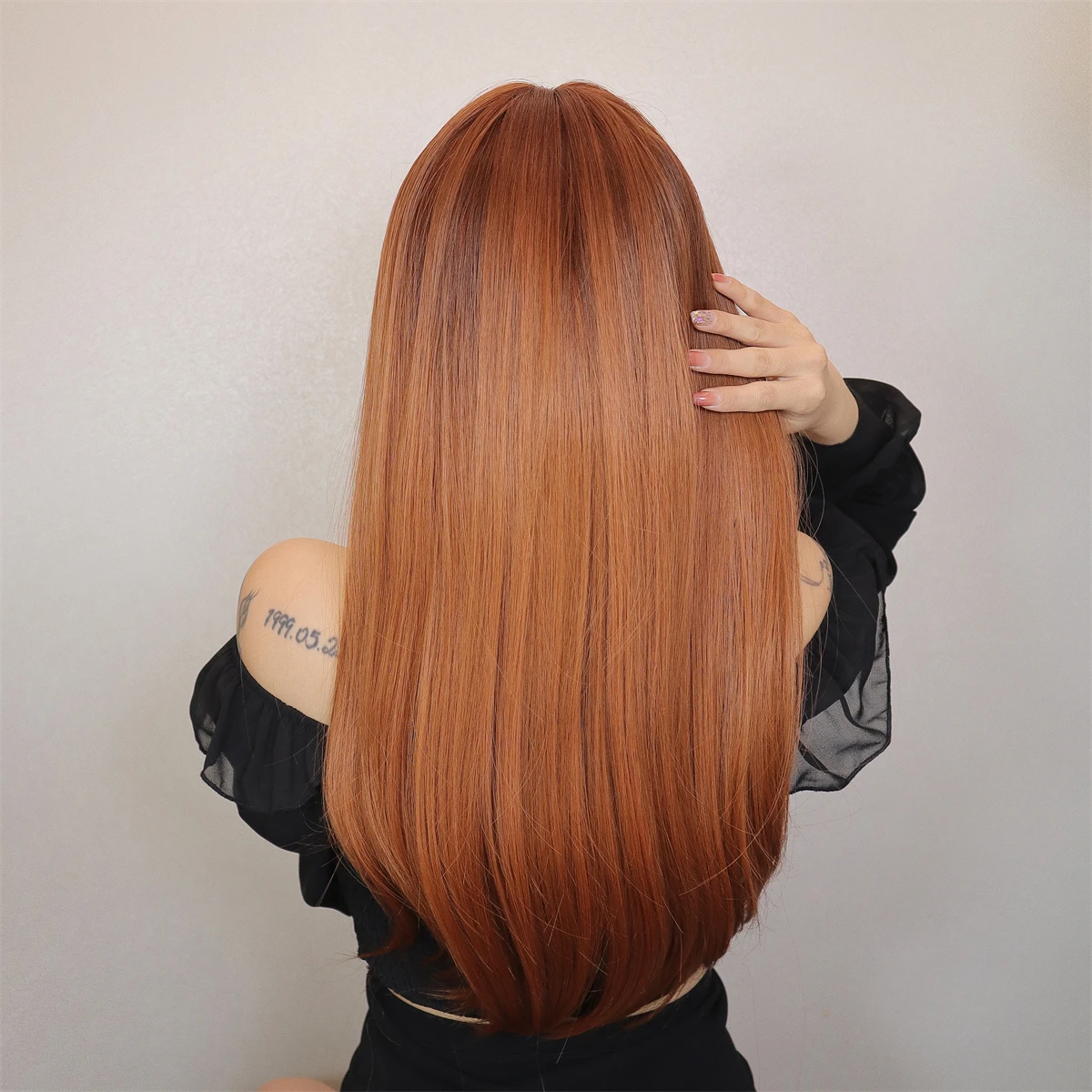 Lolita Brown Hairs Long Auburn Synthetic Hair with Bangs Copper Ginger Straight Wig Root Dark for Women Wig Heat Resistant Wigs