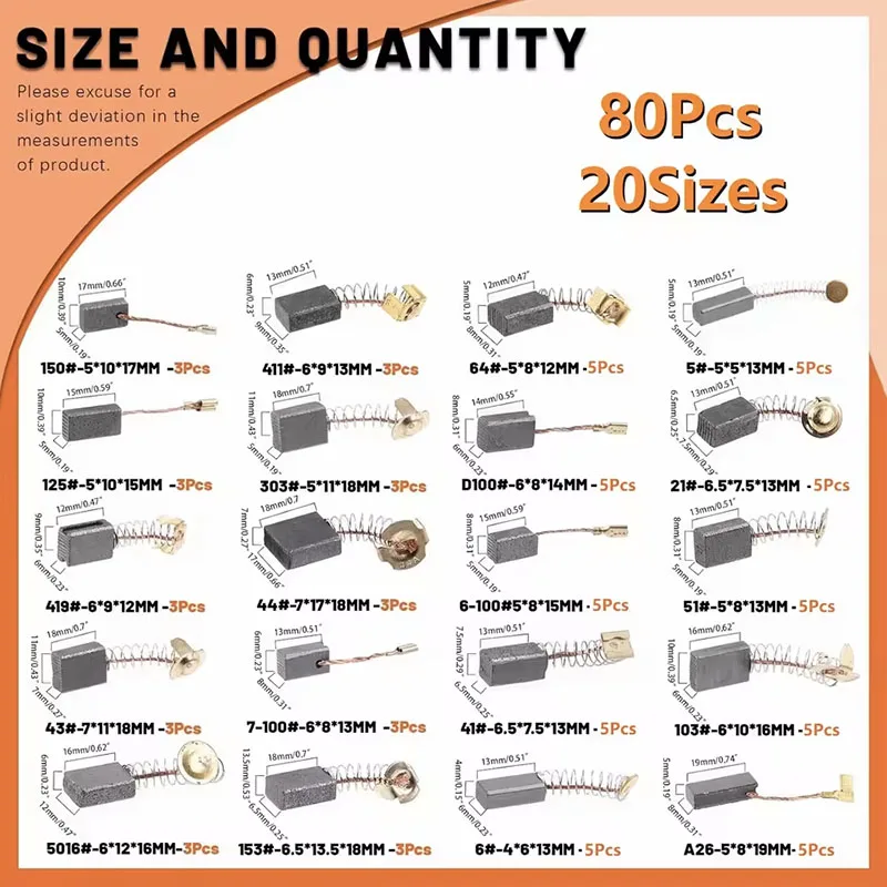 80Pcs 20 Different Specifications of Electric Tool Carbon Brushes, Suitable for Various Types of Electric Tools Such as Electric Hammers, Angle Grinders, Circular Saws, Etc., as Replacement Parts for Repair