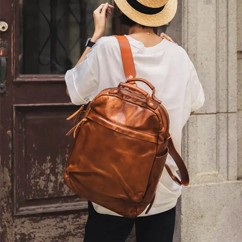 PNDME fashion vintage weekend travel genuine leather men's women's backpack designer cow leather large-capacity laptop bookbag
