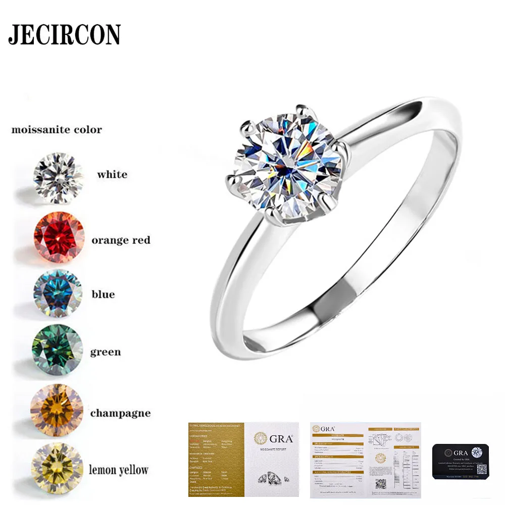 

JECIRCON S925 Sterling Silver Ring 1 Carat Moissanite Simple Single Diamond Jewelry 6-claw Crown Fashion Proposal Ring for Women