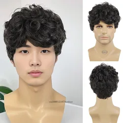 Men's Wigs Short Black Synthetic Wig with Bangs Curly Fake Hair for Handsome Male Daily Cosplay Costume Party Natural Looking