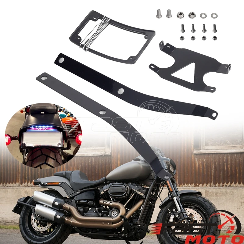 Motorcycle Curved Number License Plate Mounting Bracket Mount W/ LED Lights For Harley M8 Softail FXFB Fat Bob FXFBS 2018-2024