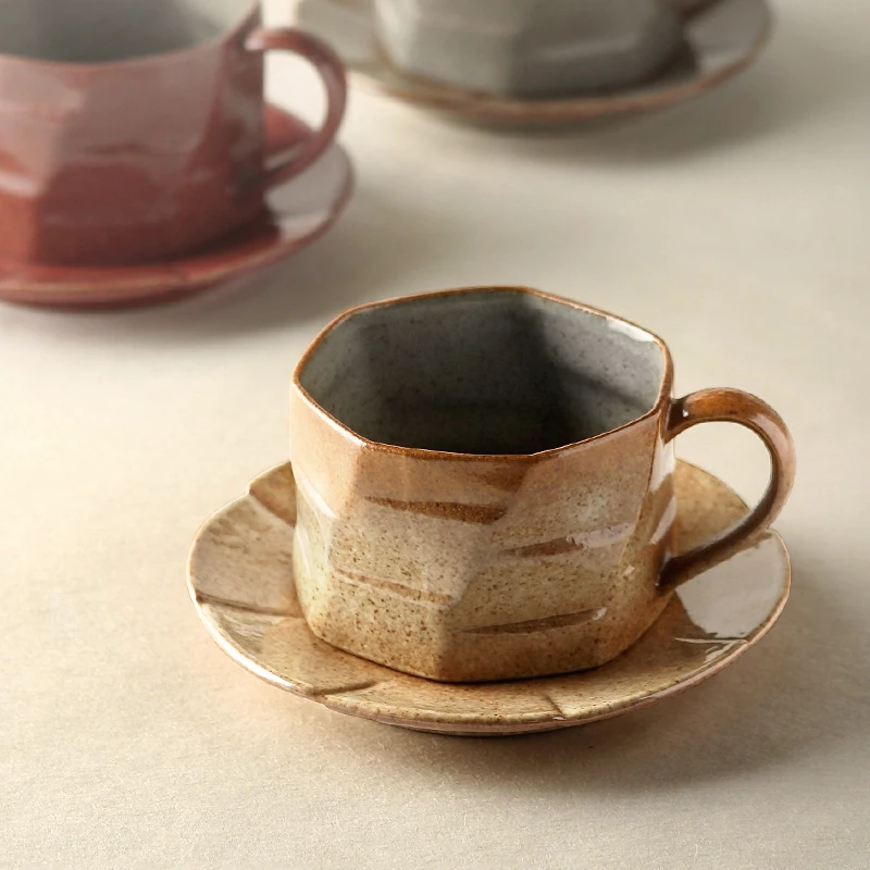 Ins Popular Ceramic Pottery Coffee Cups + Saucer Home Office Cafe Shop Afternoon Tea Cup Dish Set Simple Retro Style 250ml