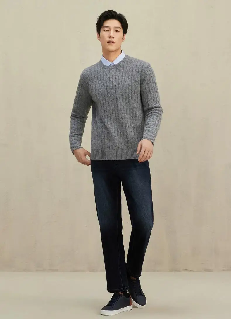 Round neck twisted cashmere sweater autumn and winter men's solid color casual knitted pullover top