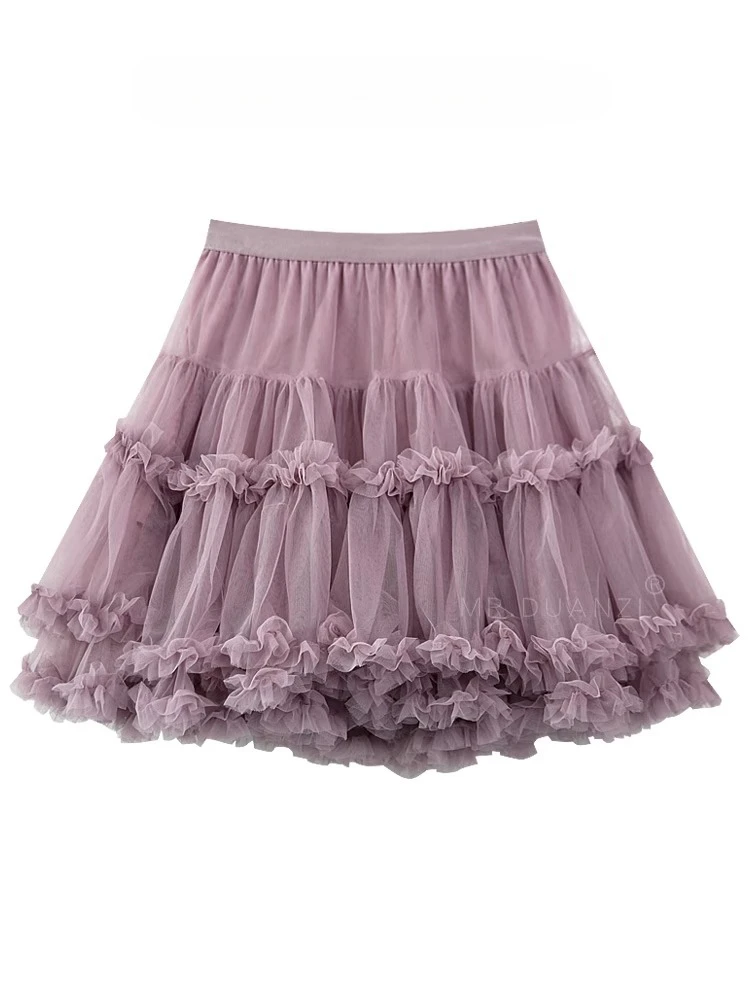 

NONSAR Multicolored Sweet Fluffy Yarn Princess Mini Skirt Women Y2k Ballet Style Elastic High Waist A-line Ruched Cake Skirts