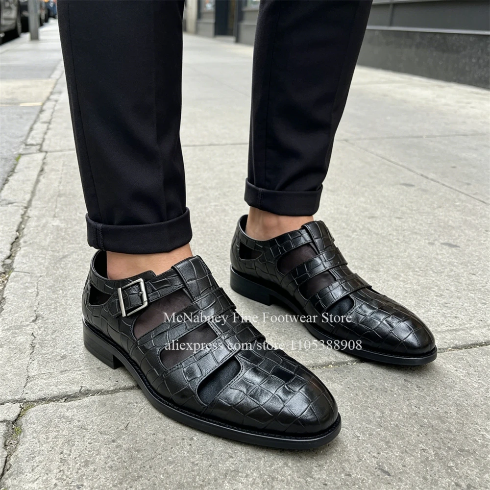 Black Crocodile Print Leather Cut out Gladiator Sandals Round Toe Men Casual Shoes Handmade Vintage Summer Daily Men Dress Shoes