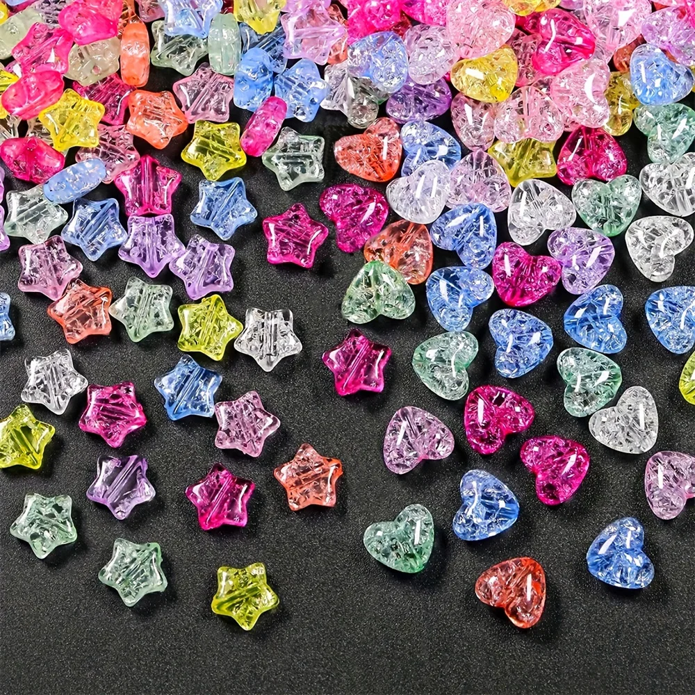 50pcs 12mm Random Mixed Color Transparent Cracked Heart-Shaped and Pentagram Acrylic Beads Handmade Crafts and DIY Projects