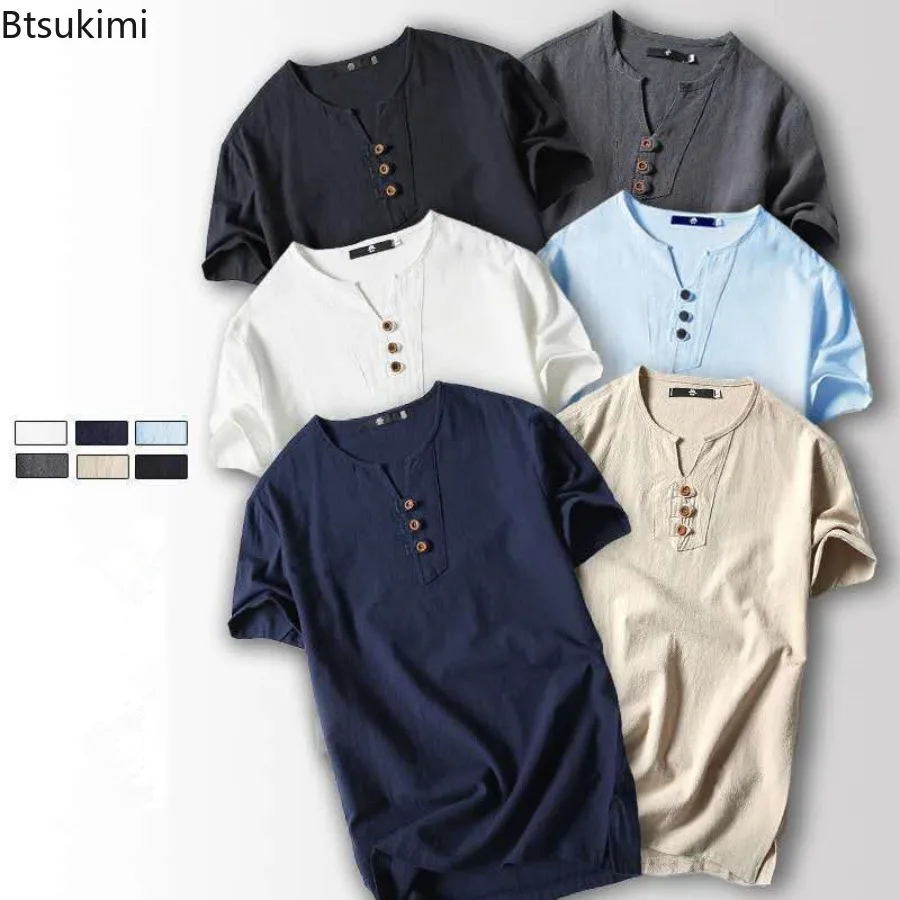 

Linen Short Sleeved T-shirt for Men's Summer Vintage Cotton Linen Half Sleeved Fashionable Male Thin Linen Short Sleeved T-shirt