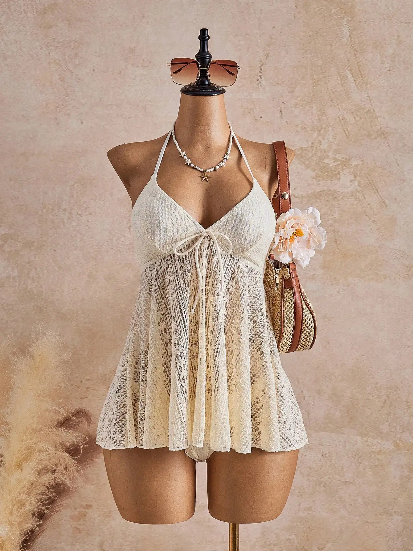 

Lace Halter Neck Tie-Front Beach Cover-Up With Floral Pattern And Matching Bikini Bottom