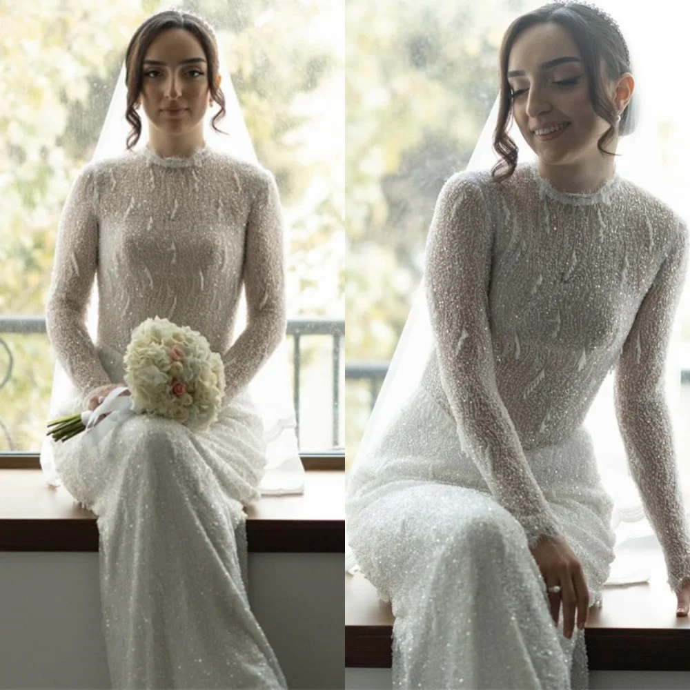 

Customized High Quality White Organza Wedding Dress Temperament Crew Neck Long Sleeves Bridal Gowns Chapel Train Dresses