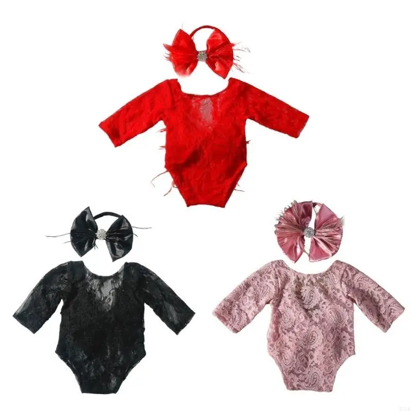 Romper renda elegante e banda para a cabeça conjunto roupas bebê macio para fotografia para bebês recém -nascidos para