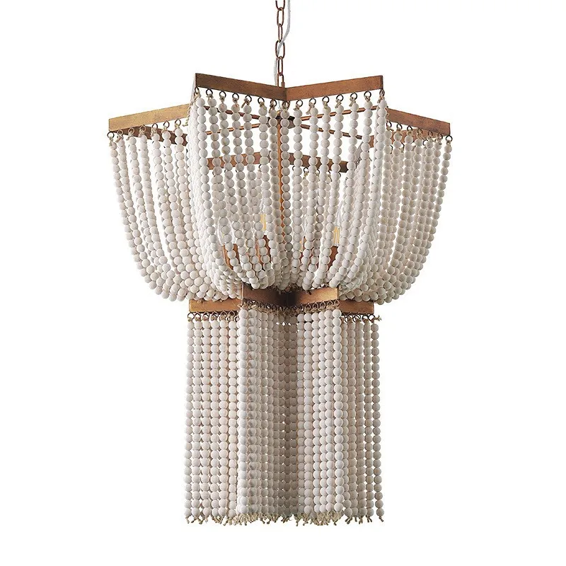 

Large Wood Fringe Chandelier Beaded Lighting Vintage Loft Farmhouse Hanging Light Nordic Antique Wood Chandelier Kitchen Light