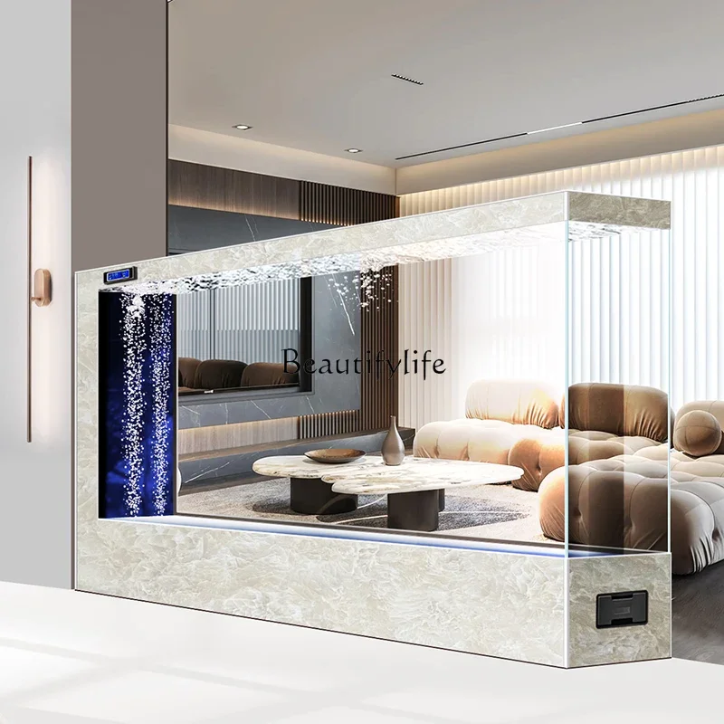 05-*Large floor-to-ceiling fish tank living room entrance screen partition company hotel ultra-white glass aquarium