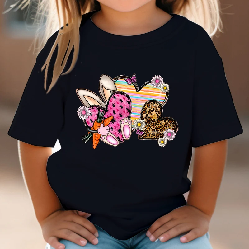 2024 Summer Leopard Print Heart T Shirt Kids Cartoon Bad Bunny Short Sleeve T-shirt Fashion Cute Rabbit Trend Boy Girl Tshirt