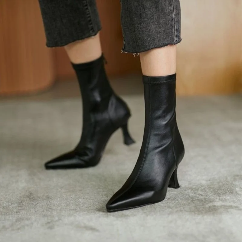 2023Women High Heel Short Leather Boots  New Boots Female Pointed Thin Heel Boots Ladies Ankle Short Boots Botas De Mujer