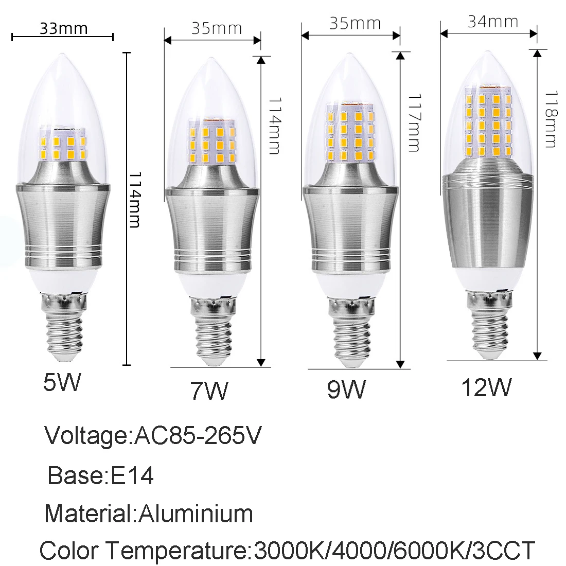 High Quality LED Candelabra Bulb E14 LED Candle Bulbs 5W 7W 9W 12W Daylight White Color Changing Chandelier Bulbs for Pendant