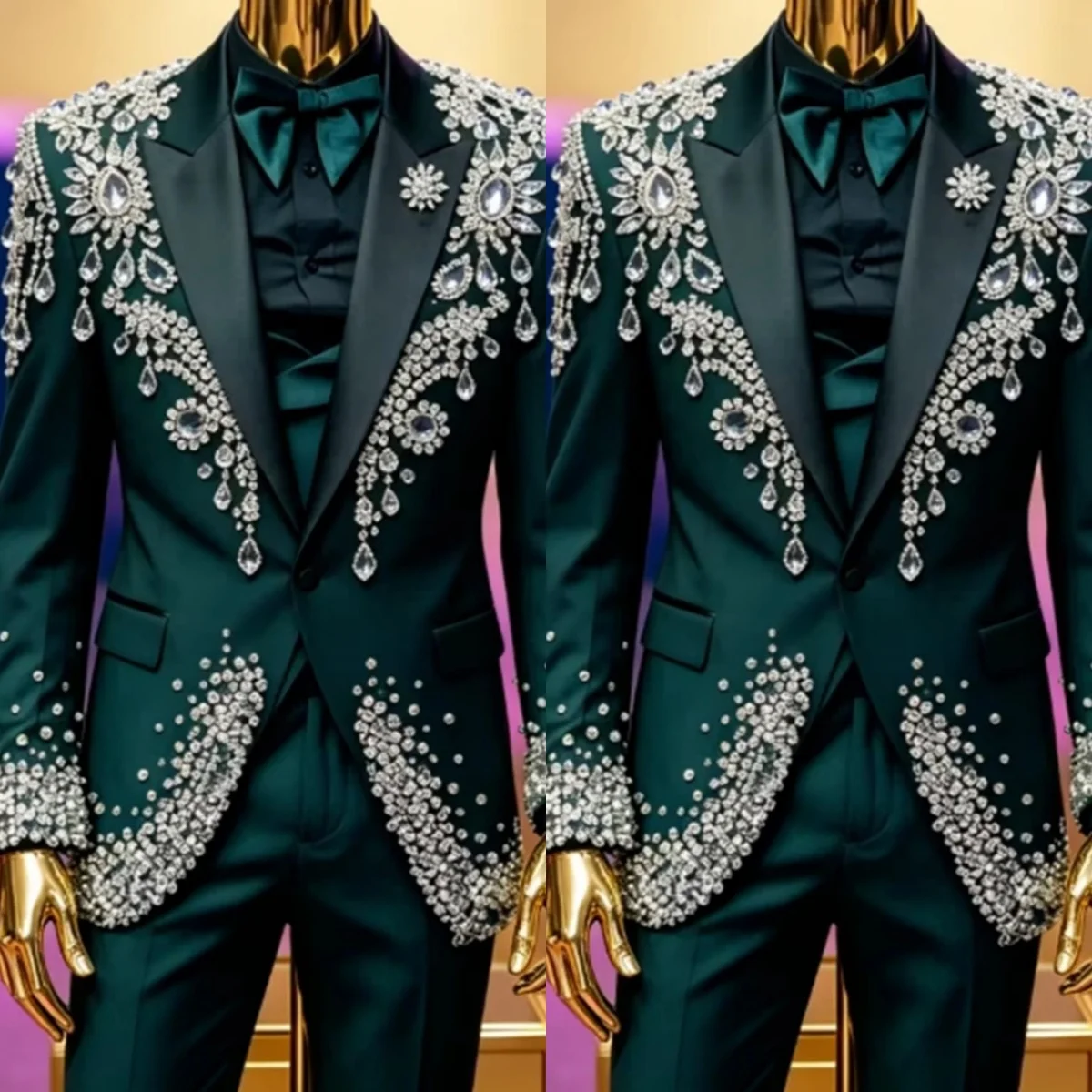 Luxury Wedding Tuxedos Crystal Peaked Lapel Jacket Pants Men Suit Noble 2 Piece Set For Groom Evening Blazers Customized