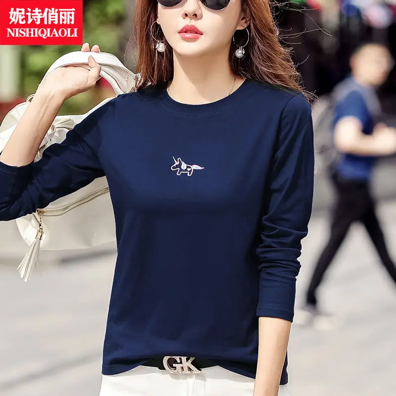 

Pure Cotton T-shirt Women's Long-sleeved Loose Casual Top Round Neck Summer Thin T-blood Base Outside