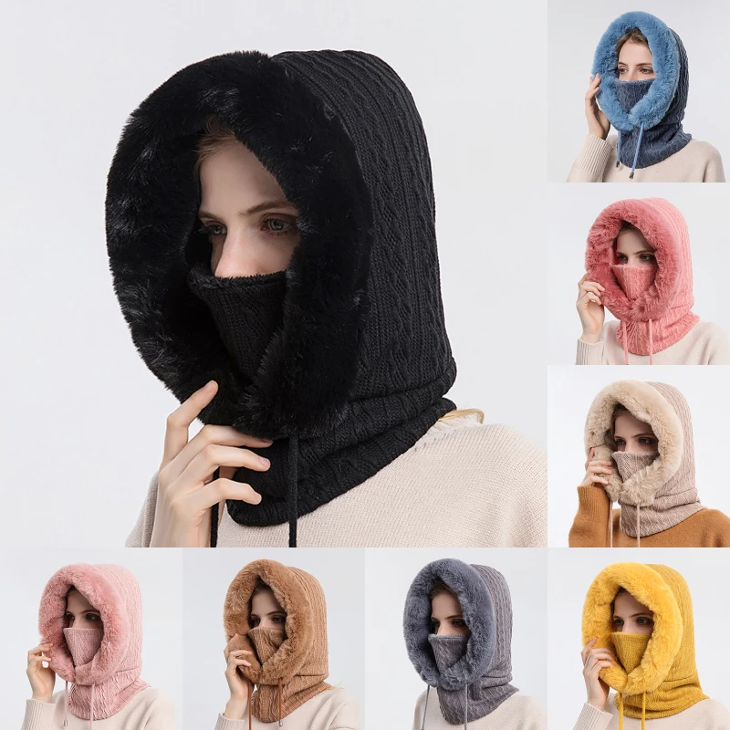 

Winter Fur Cap Mask Set Hooded Women Knitted Cashmere Neck Warm Balaclava Ski Windproof Hat Thick Plush Fluffy Beanies Hood
