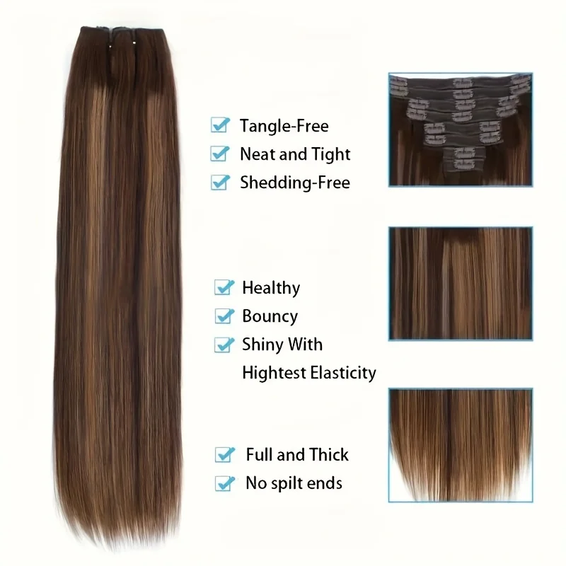 Clip em extensões de cabelo humano para mulheres, cabelos lisos, cabelo remy, marrom destaques, loira Clip Ins, 26in, #4/27