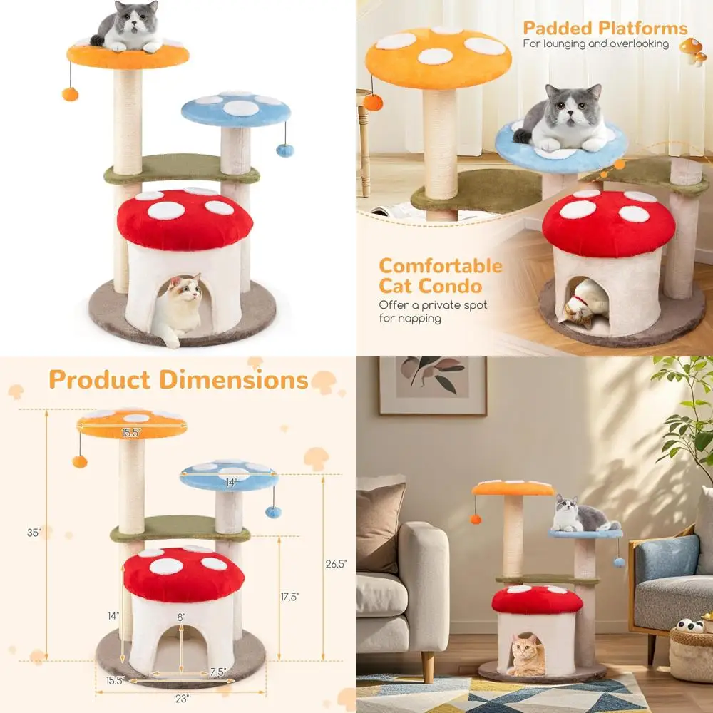 

35 Inch Adorable Mushroom-Shaped Cat Tree with Sisal Scratching Posts, Multi-Level Cat Condo, Cushioned Perches, and Dangling Ba