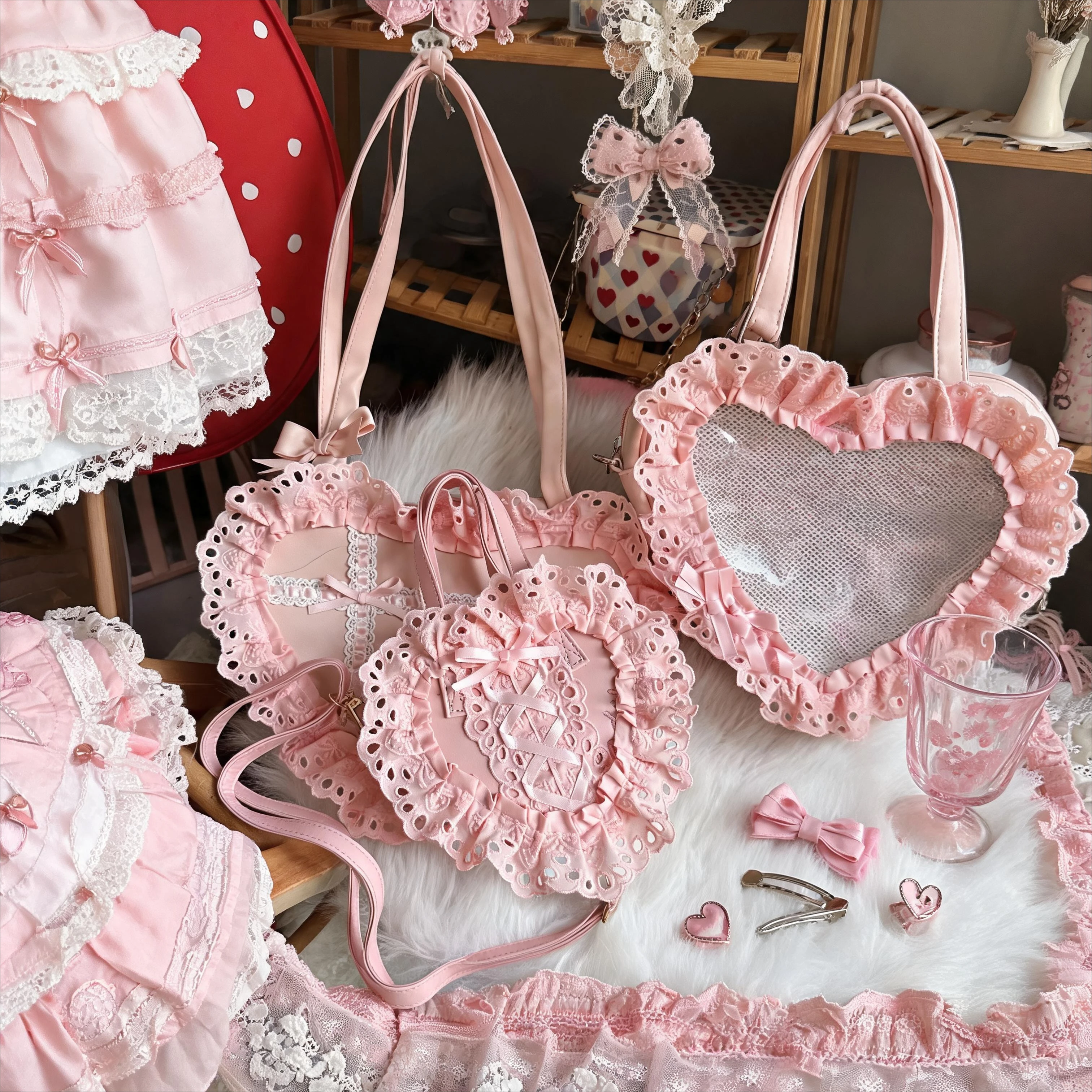 Handmade Out Dating Lolita Element Heart-shaped Women's Bag Cute Sweet Girl Bow Lace Ruffled Edge Pain Bag Shoulder Bag girl