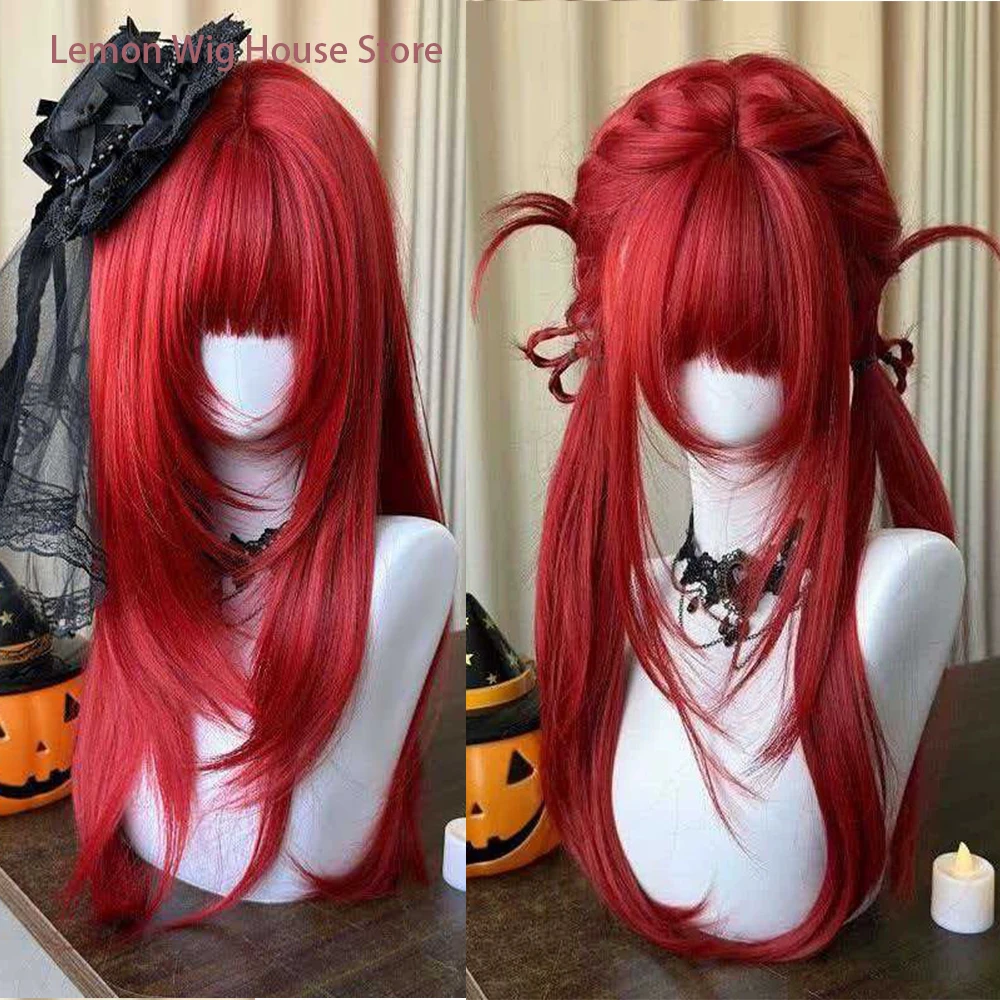 Red Lolita Wig with Bangs Long Straight Layered Wigs for Women's Daily Cosplay Halloween Harajuku Wig Anime Synthetic Hair