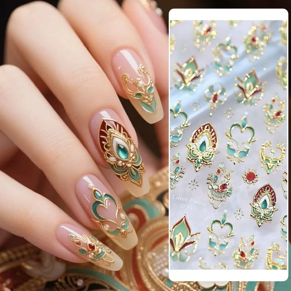 Pegatinas para decoración de uñas Dunhuang con estampado en caliente 5D, diseño de tótem de flor francesa elegante, calcomanías para uñas DIY, deslizadores de decoración de uñas de estilo chino
