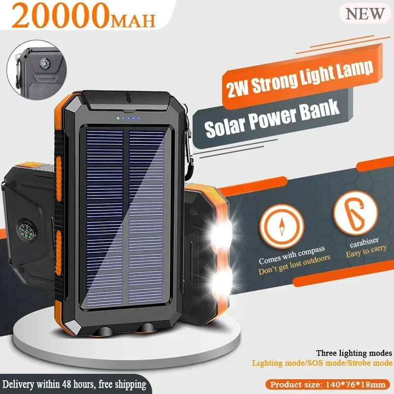 20000mAh Solar Power Bank Fast Charging External Battery 2USB Outdoor Mobile Power Supply Flashlight for Xiaomi IPhone Samsung