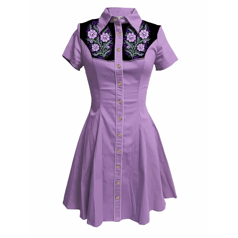 Fioletowe kwiaty z nadrukiem Western Cowboy Dress Women Button-down Dress Short Sleeves 100% Cotton Dress Summer Ins Style Streetwear
