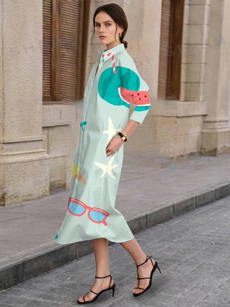 Women's Elegant Long-Sleeved Lapel Dress Spring and Autumn Urban Street Fashion Casual Single-Breasted Shirt Dress Hawaiian Prin - Image 4