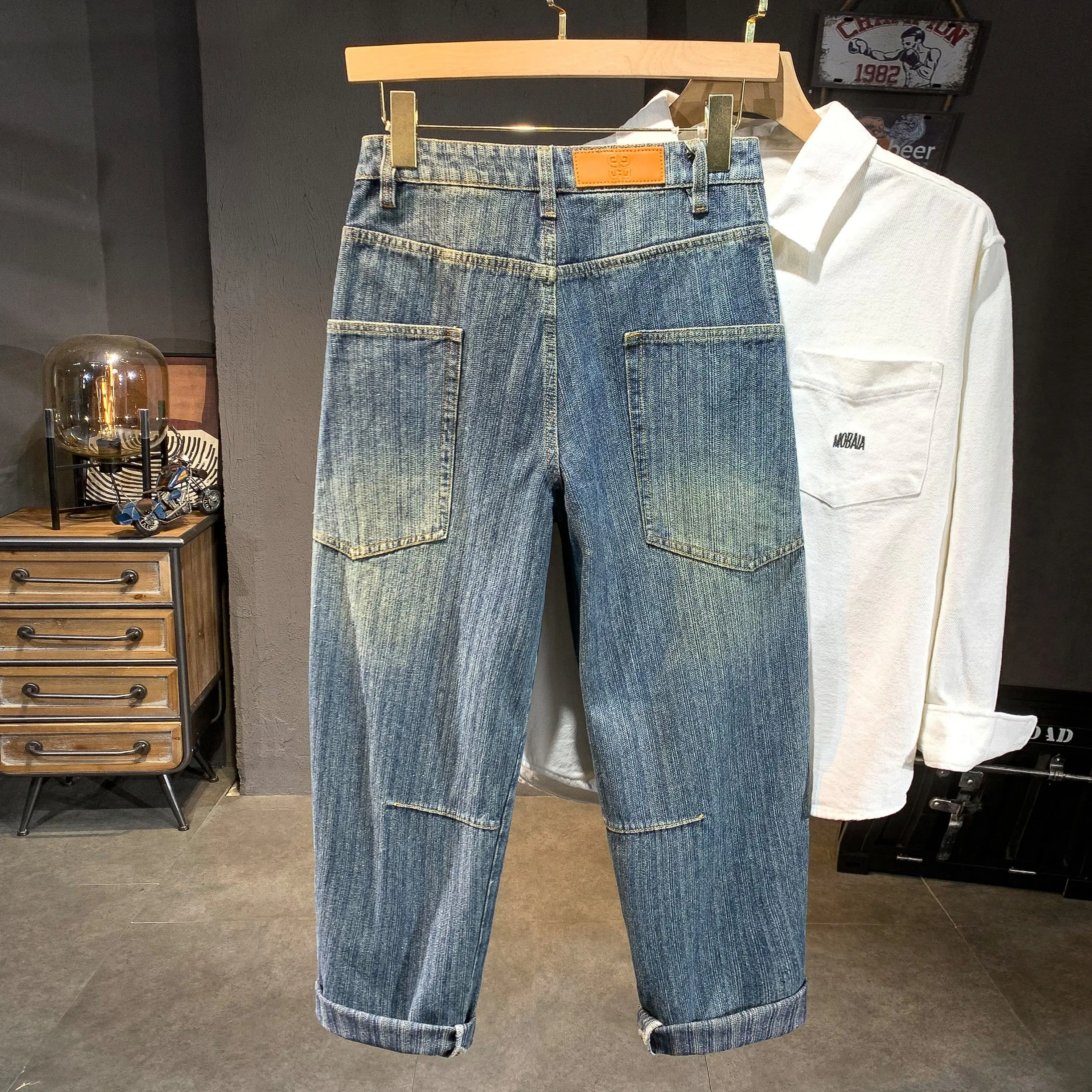 Hip Pop Retro Azul Baggy Fit Cargo Jeans Hombres Bolsillos laterales Sueltos Pierna ancha Pantalones empalmados para hombre