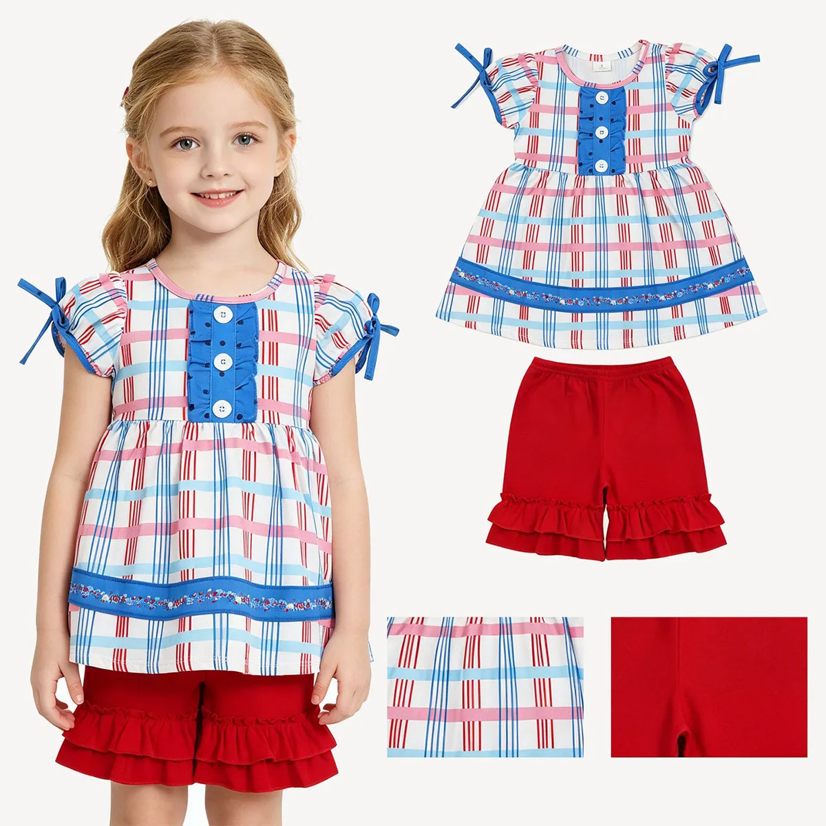 Kids Cute Baby Girls Red Blue Checked Button Tunic Ruffle Shorts July 4th Clothes Sets Boutique Fashion Clothing Wholesale