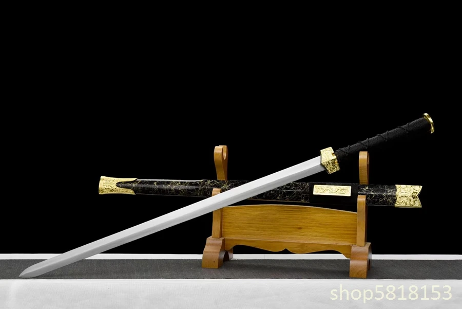 Meng steel Four sides blade Chines han sword gold dragon accessories  black saya black handle