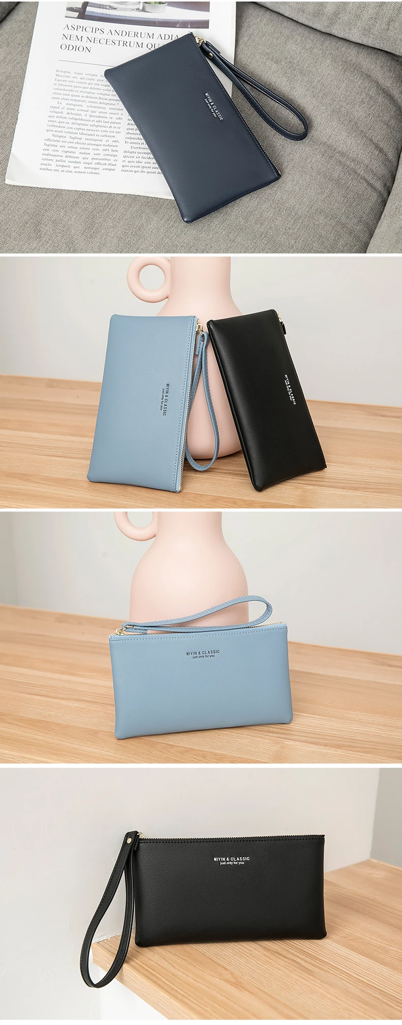 Neue minimalistische Geldbörse mit Reißverschluss, hochwertige PU-Leder Kreditkarten- und Handy-Aufbewahrungstasche, ultradünne Damen-Langbörse, Handtasche – Detail 10
