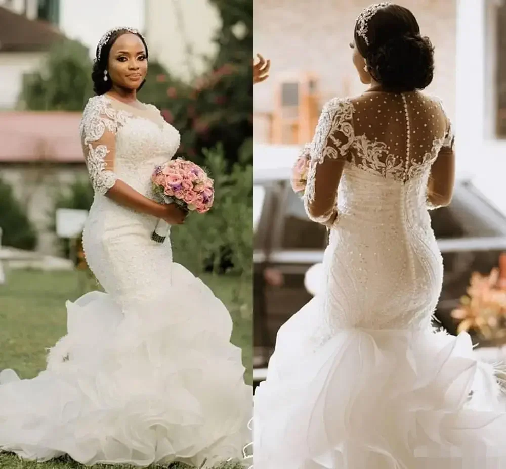 

Customized African Nigeria Mermaid Wedding Dresses Plus Size Cascading Organza Long Sleeves Beading Designer Bridal Gowns