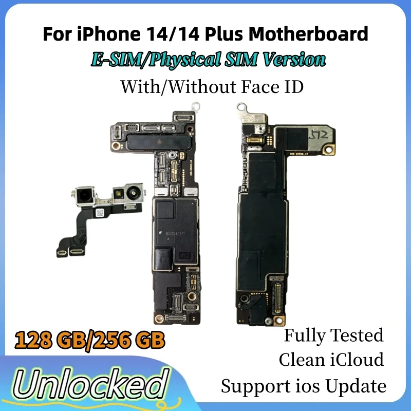 E-SIM/SIM Unlocked Version Motherboard For iPhone 14/14 Plus Clean iCloud Mainboard With/NO Face ID Support Update Logic Board