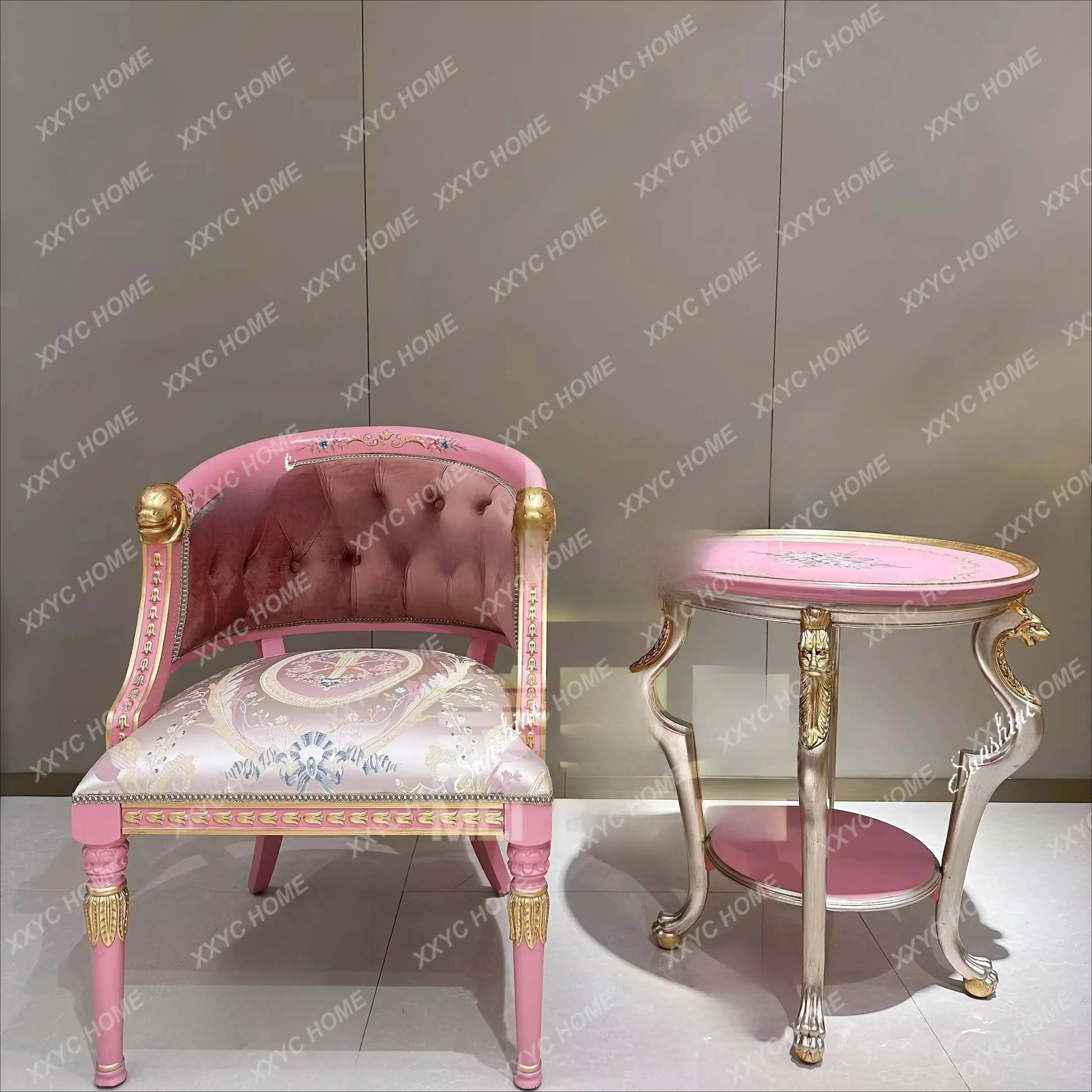 XX  pink court style retro gold foil solid wood carving flower bedroom fabric room leisure chair