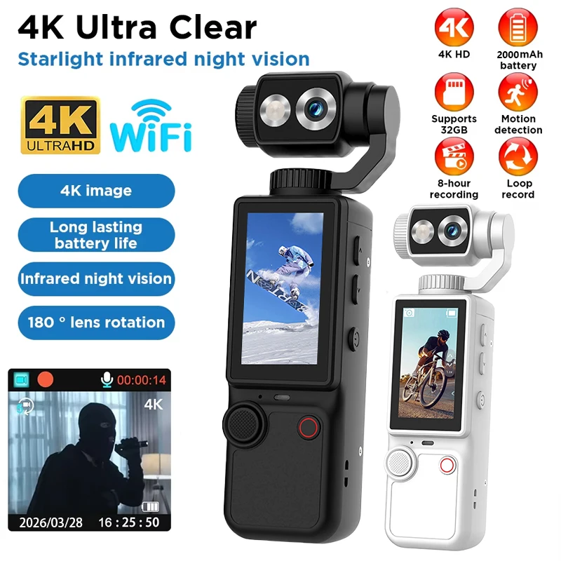 Ultra HD 4K Wifi Camera Digital Video Mini Portable Handheld Law Enforcement Recorder 180° Rotatable Lens Outdoor Sports Camera