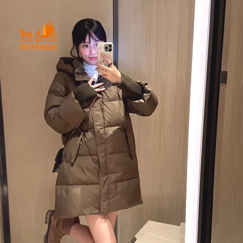 New Winter Down Jacket for Women 90% White Goose Down with Hood Down Jacket Mid-length Loose Version Warm Thickened for Women