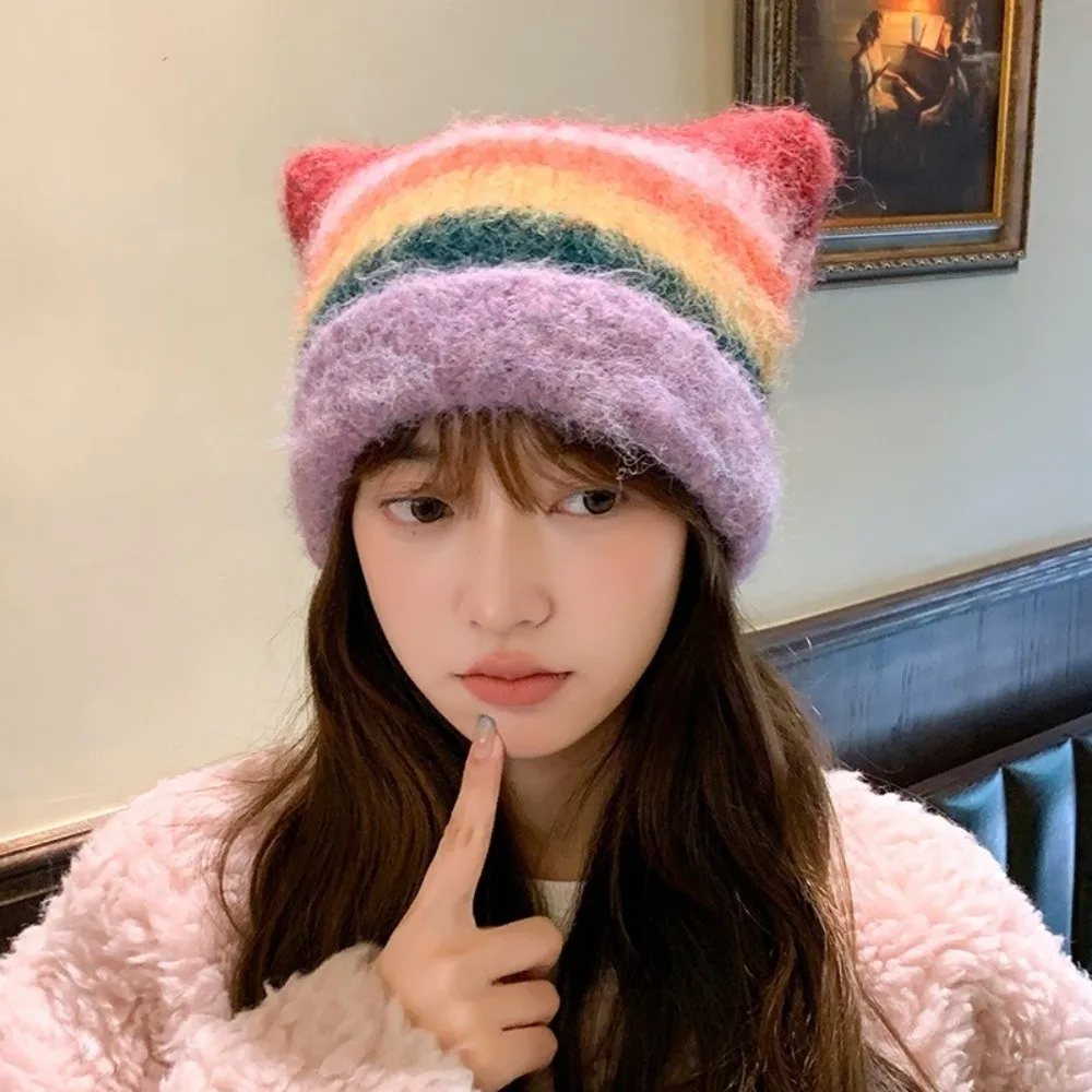 الموضة الملونة آذان القط البلوز قبعة التدرج النمط الياباني الصوفية محبوك قبعة Y2k قوس قزح قبعة صغيرة نسائية السيدات