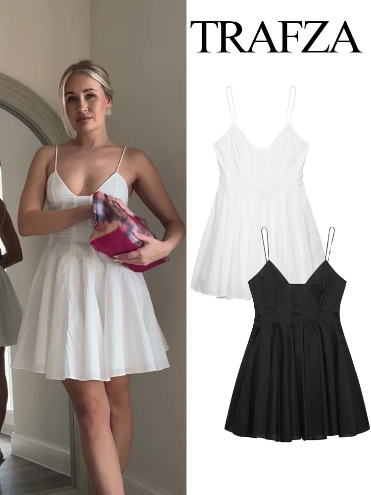 

TRAFZA Summer Women Fashion V-Neck Strapless Dress Solid Poplin Mini Dresses Female Vintage Pleated Side Zipper Woman Dress 2025