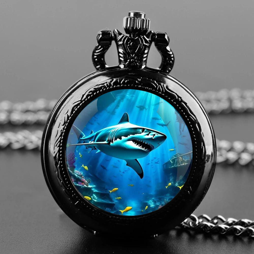 Creative White Shark Design Pendant Quartz Pocket Watch Souvenir Chain Pocket Watch Arabic Numerals With Personality Gift