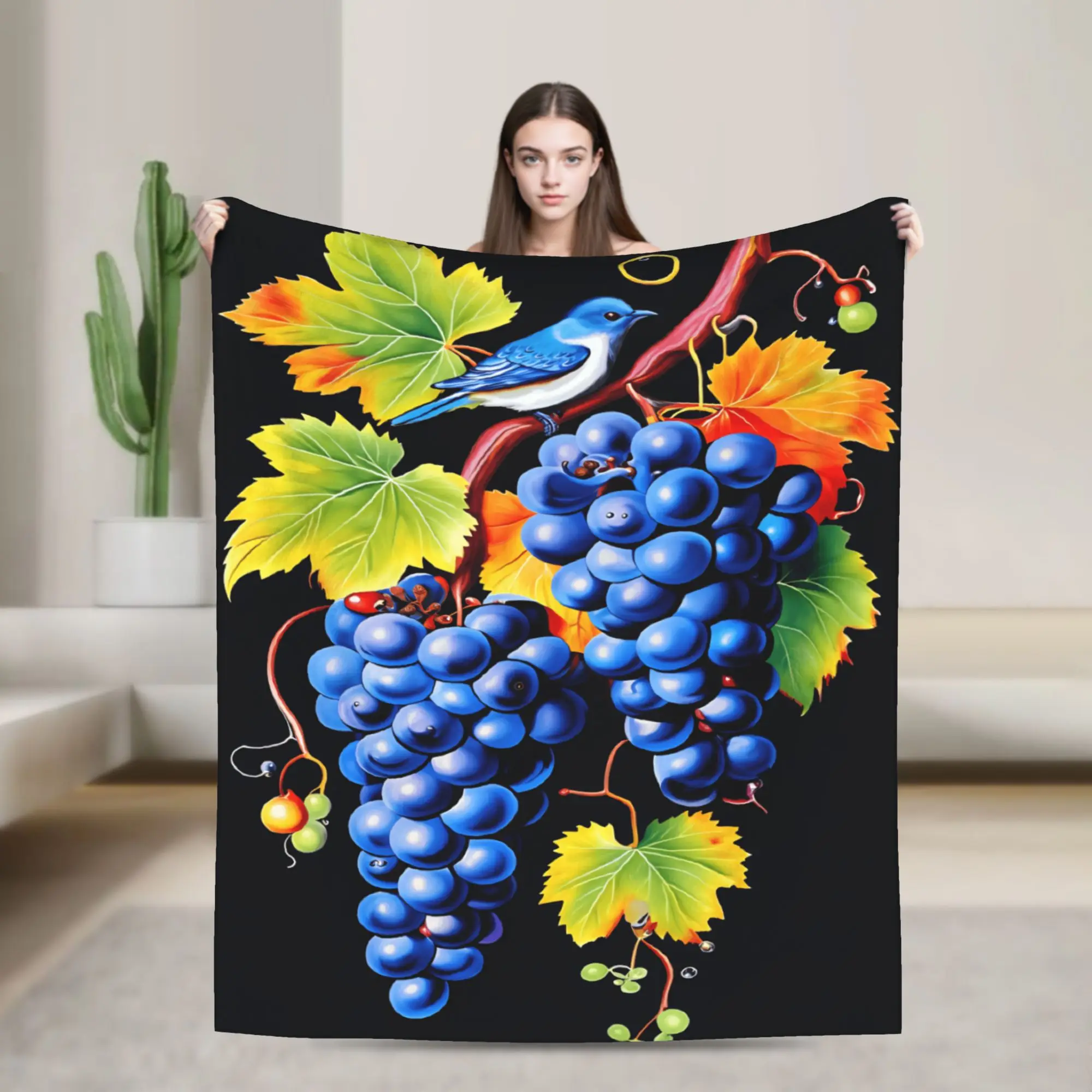Blue Grape With Bird Art Painting Throw Blanket Warm Comfy Trend Blanket  For Home Decor Picnic Flannel Bedspread Bed Cover
