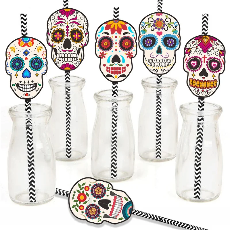 Unique Biodegradable Paper Straws Festival Skull Paper Straws Environmental Friendly Interesting Eye-catching Skull Theme Party