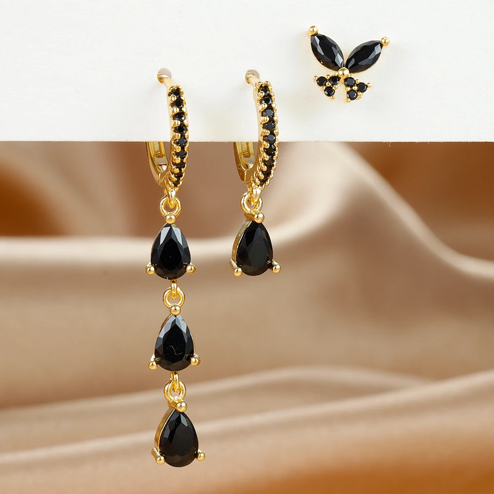 3PCS Zircon Water Drop Small Hoop Earrings Set for Women Stainless Steel Huggies Pendant Piercing Earrings Luxury Jewelry aretes
