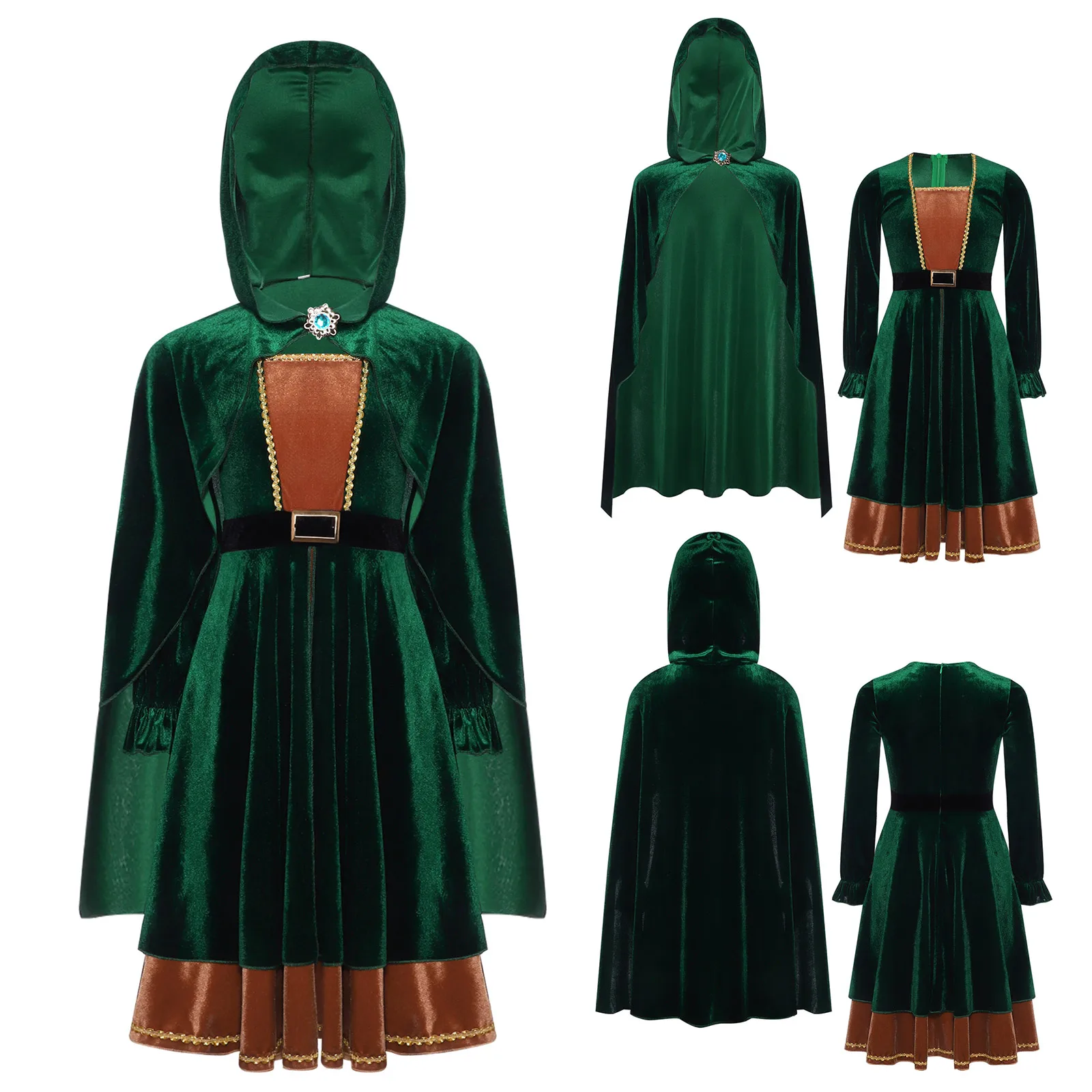 

Halloween Carnival Fairytale Hunter Costume for Girls - Gem Decor Velvet Cape Dress with Hood for Role Play & Stage Performance