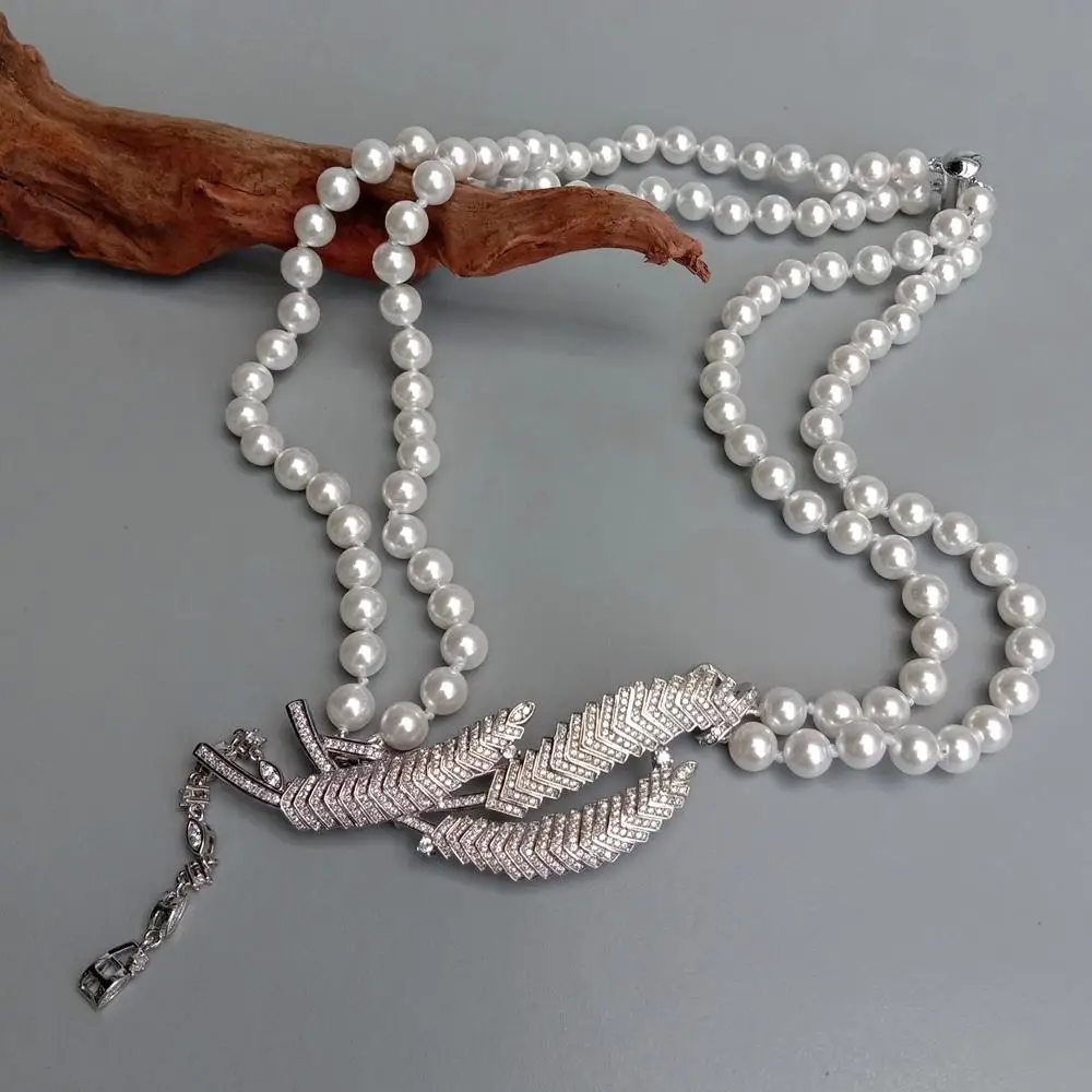 YYGEM 6mm  2 Rows White Sea Shell Pearl Choker Necklace Cz Pave Pendant Collar Lariat Necklaces Jewelry