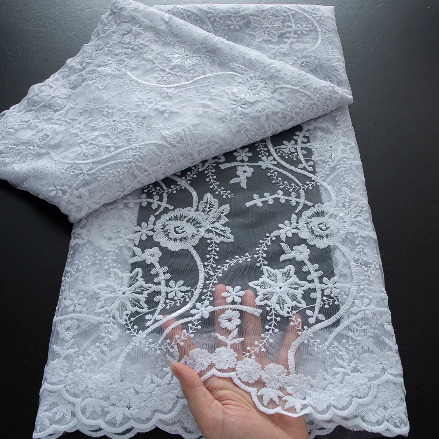 White Nigerian Sequins Net Lace Fabric High Quality 5 Yards French African Mesh Tulle Lace Fabric for Elegant Party Dress A4058