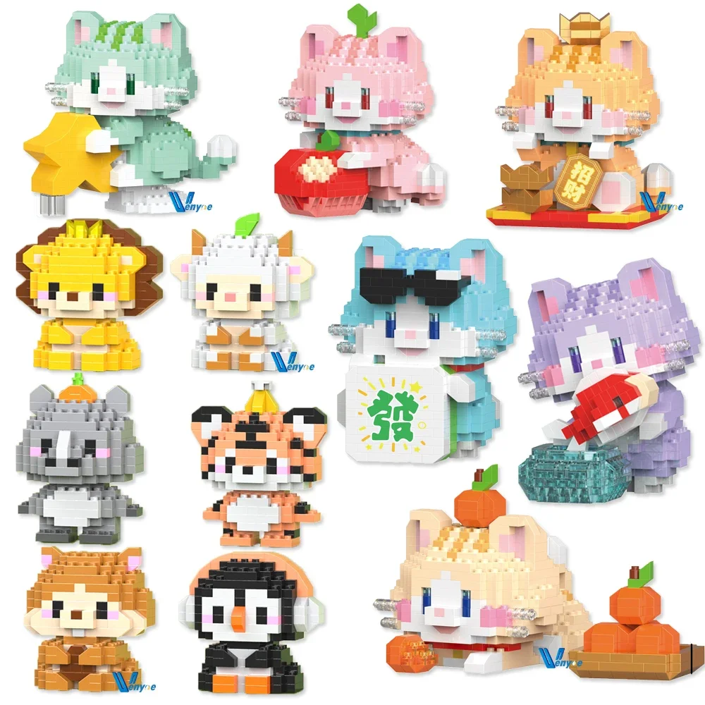 Kawaii Cats Micro Building Blocks Neko 3D Model Animal Rhino Goat Mini Brick Fruit Lemon Avocado Figure Toys For Christmas Gift